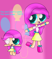 Size: 838x954 | Tagged: safe, artist:hazelppgmlpfan58, derpibooru import, pinkie pie, human, balloon, boots, bow, clothes, deviantart watermark, female, humanized, obtrusive watermark, one eye closed, powerpuffified, shirt, shoes, skirt, smiling, text, the powerpuff girls, watermark, wink