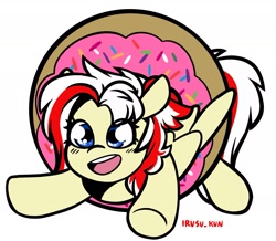 Size: 1785x1557 | Tagged: safe, artist:lrusu, derpibooru import, oc, oc only, oc:redsun, pegasus, pony, blue eyes, donut, female, food, frosting, open mouth, simple background, solo, spread wings, sprinkles, white background, wings