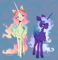 Size: 999x1032 | Tagged: safe, artist:lutraviolet, derpibooru import, princess celestia, princess luna, alicorn, pony, alternate design, duo, horn, moon, signature, sun