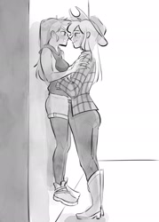 Size: 1470x2048 | Tagged: safe, artist:kameko_mikan, derpibooru import, applejack, rainbow dash, human, against wall, appledash, clothes, female, humanized, lesbian, lifting, monochrome, shipping, smoldash