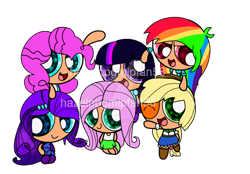 Size: 900x626 | Tagged: safe, artist:hazelppgmlpfan58, derpibooru import, applejack, fluttershy, pinkie pie, rainbow dash, rarity, twilight sparkle, human, applejack's hat, clothes, cowboy hat, female, hat, humanized, mane six, mane six opening poses, multicolored hair, one eye closed, powerpuffified, rainbow hair, shirt, shoes, simple background, skirt, smiling, text, the powerpuff girls, transparent background, wink