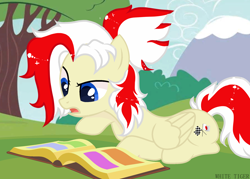 Size: 2048x1468 | Tagged: safe, artist:vizirka, derpibooru import, oc, oc only, oc:redsun, pegasus, pony, background, blue eyes, book, female, folded wings, mare, mountain, open book, reading, sitting, solo, tree, wings