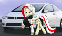 Size: 1280x751 | Tagged: safe, artist:mewinabubble, derpibooru import, oc, oc only, oc:redsun, pegasus, pony, blue eyes, clothes, female, folded wings, helmet, honda, honda civic, jacket, mare, solo, wings