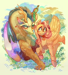 Size: 2000x2226 | Tagged: safe, artist:junkochi_, derpibooru import, discord, fluttershy, pegasus, pony, discoshy, female, looking at each other, looking at someone, male, painting, shipping, straight