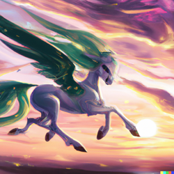 Size: 1024x1024 | Tagged: safe, derpibooru import, machine learning generated, princess celestia, alicorn, pony, cloud, dall-e 2, female, flying, mare, realistic horse legs, spread wings, sunset, wings