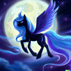 Size: 1024x1024 | Tagged: safe, derpibooru import, machine learning generated, princess luna, alicorn, pony, cloud, dall-e 2, female, flying, full moon, mare, moon, stars