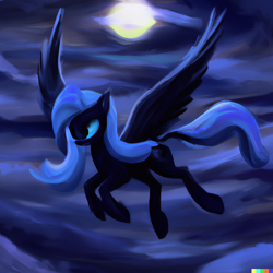Size: 1024x1024 | Tagged: safe, derpibooru import, machine learning generated, princess luna, alicorn, pony, cloud, dall-e 2, female, flying, full moon, mare, moon