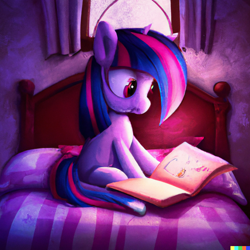 Size: 1024x1024 | Tagged: safe, derpibooru import, machine learning generated, twilight sparkle, pony, unicorn, bed, bedsheets, book, dall-e 2, female, mare, pillow, sitting, window