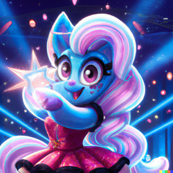Size: 1024x1024 | Tagged: safe, derpibooru import, machine learning generated, trixie, pony, unicorn, bipedal, clothes, dall-e 2, dress, female, freckles, lights, mare, open mouth, pink dress, smiling, stage
