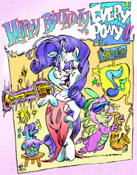 Size: 3191x4090 | Tagged: safe, artist:grotezco, artist:tokiotoyy2k, derpibooru import, rarity, spike, dragon, pony, unicorn, anniversary, bipedal, birthday, clothes, cupcake, evening, food, glasses, makeup, microphone stand, music notes, musical instrument, outfit catalog, pose, saxophone, singing, solo, vintage