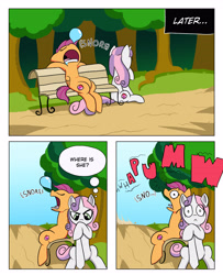 Size: 3000x3700 | Tagged: safe, artist:begoliah, derpibooru import, scootaloo, sweetie belle, pegasus, pony, unicorn, comic:crusaders, bench, comic, dialogue, female, onomatopoeia, open mouth, sleeping, snoring, snot bubble, sound effects