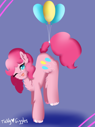 Size: 6000x8000 | Tagged: safe, artist:tickly-giggles, derpibooru import, pinkie pie, earth pony, pony, :p, balloon, chest fluff, cute, diapinkes, female, floating, mare, one eye closed, solo, then watch her balloons lift her up to the sky, tongue, tongue out, unshorn fetlocks, wink