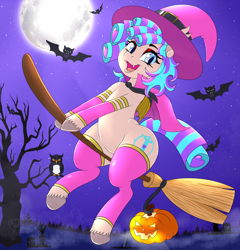 Size: 4800x5000 | Tagged: safe, artist:queenkittyok, derpibooru import, oc, oc only, bat, bird, owl, pony, broom, clothes, commission, costume, flying, flying broomstick, halloween, halloween costume, holiday, jack-o-lantern, moon, pumpkin, socks, solo, thigh highs, tree, ych result, your character here
