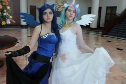 Size: 2140x1428 | Tagged: safe, artist:artisticdoe, artist:lochlan o'neil, derpibooru import, princess celestia, princess luna, human, anime weekend atlanta, bare shoulders, clothes, cosplay, costume, irl, irl human, photo, royal sisters, siblings, sisters, sleeveless