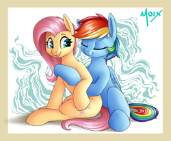 Size: 2730x2250 | Tagged: safe, artist:supermoix, derpibooru import, fluttershy, rainbow dash, pegasus, pony, cuddling, cute, duo, eyes closed, female, flutterdash, hug, hug from behind, lesbian, looking back, mare, shipping, simple background, smiling