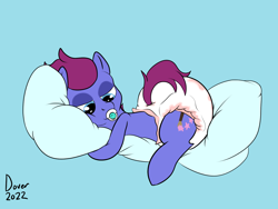 Size: 1600x1200 | Tagged: safe, artist:bigboydover, derpibooru import, oc, oc only, oc:bristle star, earth pony, pony, cuddling, diaper, diaper fetish, fetish, hug, non-baby in diaper, pacifier, pillow, pillow hug, simple background, solo
