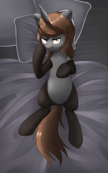 Size: 2000x3200 | Tagged: safe, artist:nihithebrony, derpibooru import, oc, oc only, oc:sonata, pony, unicorn, bed, bedroom, bedroom eyes, black socks, body pillow, body pillow design, clothes, dakimakura cover, elements of justice, featureless crotch, female, lawyer, looking at you, lying down, lying on bed, mare, on back, on bed, purple background, simple background, socks, turnabout storm