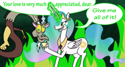 Size: 598x321 | Tagged: safe, artist:gegenschein17, derpibooru import, edit, discord, princess celestia, queen chrysalis, alicorn, draconequus, pony, clothes, cropped, crown, derp, dialogue, disguise, disguised changeling, evil, fake celestia, fangs, female, fire, horn, jewelry, magic, male, mare, regalia, shoes, smiling, sparkles, speech bubble, text, wings