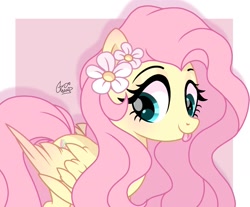 Size: 1303x1080 | Tagged: safe, artist:cstrawberrymilk, derpibooru import, fluttershy, pegasus, pony, :p, cute, daaaaaaaaaaaw, female, flower, flower in hair, mare, shyabetes, signature, solo, tongue, tongue out