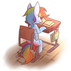 Size: 800x800 | Tagged: artist needed, safe, derpibooru import, rainbow dash, pegasus, pony, bag, blushing, book, desk, punishment, rear view, school desk, simple background, sitting, solo, spank mark, spanked, white background