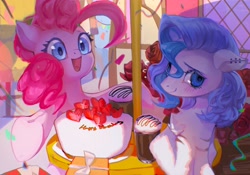 Size: 2388x1668 | Tagged: safe, artist:tingsan, derpibooru import, pinkie pie, oc, oc:ray frok, earth pony, pony, birthday, birthday cake, cake, duo, ear piercing, female, food, mare, open mouth, open smile, piercing, smiling
