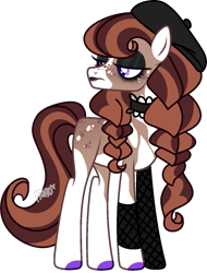 Size: 951x1250 | Tagged: safe, artist:kurosawakuro, derpibooru import, oc, earth pony, pony, base used, beret, choker, eyeshadow, fishnet stockings, hat, magical lesbian spawn, makeup, offspring, parent:applejack, parent:inky rose, simple background, solo, transparent background