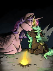 Size: 967x1300 | Tagged: safe, artist:smirk, derpibooru import, queen chrysalis, twilight sparkle, twilight sparkle (alicorn), alicorn, changeling, campfire, duo, ears, eyes closed, fanfic art, female, filly, fire, floppy ears, foal, magic, nuzzling, sparkles