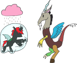 Size: 1723x1420 | Tagged: safe, artist:emc-blingds, derpibooru import, discord, oc, oc:crypto, changeling, draconequus, pony, bubble, changeling oc, duo, green changeling, simple background, transparent background