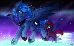 Size: 2560x1600 | Tagged: safe, artist:julunis14, derpibooru import, princess luna, tempest shadow, alicorn, pony, unicorn, broken horn, claws, horn, wing claws, wings