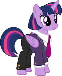 Size: 3000x3674 | Tagged: safe, artist:cloudyglow, derpibooru import, twilight sparkle, twilight sparkle (alicorn), alicorn, pony, .ai available, clothes, female, gameloft, high res, mare, mobile game, pants, simple background, smiling, solo, suit, transparent background, vector