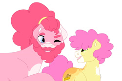Size: 1280x854 | Tagged: safe, artist:itstechtock, derpibooru import, li'l cheese, pinkie pie, earth pony, pony, the last problem, beard, facial hair, female, mother and child, parent and child, simple background, white background
