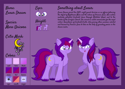 Size: 1920x1367 | Tagged: safe, artist:alexdti, derpibooru import, oc, oc only, oc:lunar dream, pony, unicorn, chest fluff, female, full body, hooves, horn, mare, open mouth, open smile, reference sheet, smiling, solo, standing, tail, two toned mane, two toned tail, unicorn oc, unshorn fetlocks