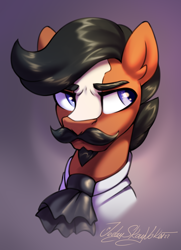 Size: 2000x2760 | Tagged: safe, artist:jedayskayvoker, derpibooru import, oc, oc:gauch gustmane, earth pony, blaze (coat marking), bust, clothes, coat markings, colored sketch, cum, earth pony oc, eyebrows, facial, facial markings, gradient background, icon, male, portrait, serious, serious face, sketch, solo, stallion