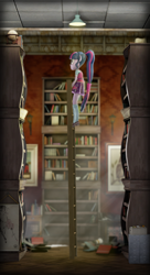 Size: 2090x3840 | Tagged: safe, artist:egr1n, derpibooru import, twilight sparkle, pony, equestria girls, 3d, blurry background, book, bookshelf, clothes, costume, file cabinet, glasses, globe, ladder, lamp, long hair, outfit, painting, paper, phone wallpaper, picture, purple eyes, shoes, skirt, socks, source filmmaker, stockings, suit, table, thigh highs, vertical, wallpaper