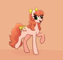 Size: 1950x1860 | Tagged: safe, artist:_alixxie_, derpibooru import, cherries jubilee, earth pony, pony, g1, g4, bow, cherries cuteilee, cute, female, g1 to g4, generation leap, hair bow, mare, open mouth, open smile, orange background, raised hoof, raised leg, simple background, smiling, solo, tail, tail bow