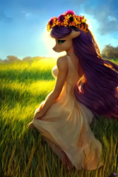 Size: 1024x1536 | Tagged: safe, derpibooru import, generator:stable diffusion, machine learning generated, anthro, beautiful, blue sky, clothes, cute, female, floral head wreath, flower, flower in hair, flowing mane, grass, grass field, kneeling, looking back, mare, meadow, rear view, solo, summer dress, sunlight