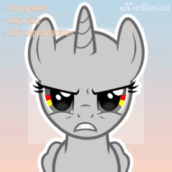 Size: 500x500 | Tagged: safe, artist:kichimina, derpibooru import, pony, angry, animated, auction, auction open, bust, colored, commission, female, gif, gradient background, gritted teeth, horn, looking at you, loop, mare, portrait, show accurate, signature, simple background, solo, steam, teeth, vector, watermark, wings, ych animation, your character here