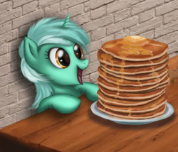 Size: 1496x1279 | Tagged: safe, artist:polnocnykot, derpibooru import, lyra heartstrings, pony, unicorn, cute, female, food, happy, lyrabetes, mare, my little pony, open mouth, open smile, pancakes, smiling, solo