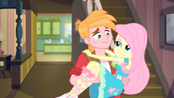 Size: 1920x1080 | Tagged: safe, derpibooru import, edit, edited screencap, screencap, big macintosh, fluttershy, human, do it for the ponygram!, equestria girls, equestria girls series, five to nine, spoiler:eqg series (season 2), bridal carry, carrying, female, fluttermac, looking at each other, looking at someone, male, shipping, smiling, smiling at each other, straight, stupid sexy big macintosh, stupid sexy fluttershy