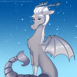 Size: 3000x3000 | Tagged: safe, artist:xjenn9, derpibooru import, oc, oc only, draconequus, scorpion, antlers, blue background, commission, draconequus oc, scorpion tail, simple background, sitting, solo, stars, tail, white hair, wings