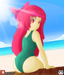 Size: 2976x3507 | Tagged: safe, artist:minusclass, apple bloom, human, equestria girls, beach, bloom butt, butt, clothes, cloud, crepuscular rays, high res, lens flare, looking at you, looking back, looking back at you, one-piece swimsuit, patreon, patreon logo, sand, solo, summer, swimsuit, water