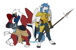 Size: 2212x1472 | Tagged: safe, artist:redxbacon, oc, oc only, oc:delta dart, oc:grenadier, anthro, griffon, hippogriff, angry, anthro oc, armor, clothes, commission, commissioner:delta dart, griffon oc, hippogriff oc, simple background, spear, talons, weapon