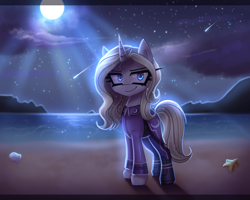 Size: 2800x2243 | Tagged: safe, artist:opal_radiance, derpibooru import, oc, oc only, oc:silver bullet, pony, unicorn, beach, empire, high res, horn, looking at you, lunar, lunarist, moon, night, shooting star, smiling, smiling at you, solo, unicorn oc, unnamed oc