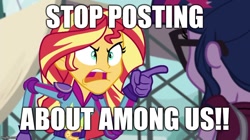 Size: 888x499 | Tagged: safe, derpibooru import, edit, edited screencap, screencap, sci-twi, sunset shimmer, twilight sparkle, equestria girls, friendship games, among us, angry, exploitable meme, image macro, meme, pointing, sunset yells at twilight