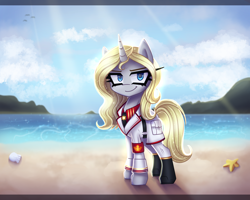 Size: 2800x2243 | Tagged: safe, artist:opal_radiance, derpibooru import, oc, oc only, oc:silver bullet, pony, unicorn, beach, cloud, empire, high res, horn, looking at you, smiling, smiling at you, smirk, solar, solarist, solo, sun, unicorn oc, unnamed oc