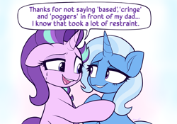 Size: 2927x2050 | Tagged: safe, artist:moozua, derpibooru import, starlight glimmer, trixie, pony, unicorn, blushing, dialogue, female, implied firelight, lesbian, looking at each other, looking at someone, mare, open mouth, shipping, simple background, speech bubble, startrix, sweat