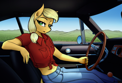 Size: 3401x2323 | Tagged: safe, artist:apocheck13, derpibooru import, applejack, anthro, earth pony, car, car interior, clothes, denim, dodge charger, driving, female, front knot midriff, jeans, looking back, midriff, pants, shirt, solo