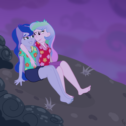 Size: 3000x3000 | Tagged: safe, artist:ponykittenboi, derpibooru exclusive, derpibooru import, princess celestia, princess luna, principal celestia, vice principal luna, human, between dark and dawn, equestria girls, arm around neck, barefoot, bush, cheek to cheek, clothes, cloud, cute, equestria girls interpretation, feet, female, grass, hawaiian shirt, high res, hill, looking at each other, looking at someone, nail polish, night, not shipping, scene interpretation, shirt, show accurate, siblings, signature, sisters, squishy cheeks