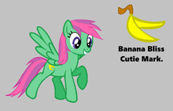 Size: 2216x1416 | Tagged: safe, artist:detailedatream1991, artist:ukulelemoon, derpibooru import, pegasus, pony, banana, banana bliss, female, food, gray background, mare, simple background, smiling, spread wings, text, wings