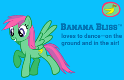 Size: 1243x802 | Tagged: safe, artist:detailedatream1991, artist:pagiepoppie12345, artist:ukulelemoon, derpibooru import, pegasus, pony, banana, banana bliss, blue background, cutie mark, female, food, mare, simple background, smiling, spread wings, text, wings